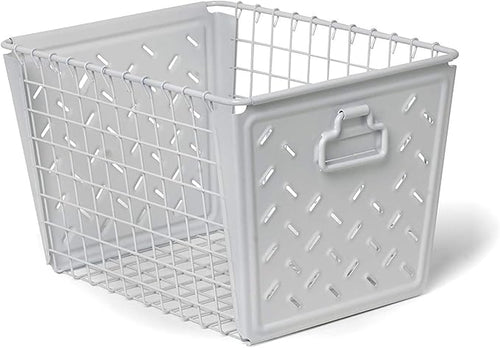 Tovolo Macklin, Stamped Steel & Wire Basket for Closet & Cubby Storage Vintage-Inspired Design with Customizable Label Plate, Medium, White