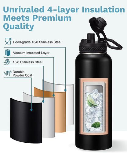 Insulated Water Bottle 40 oz - Keep Cold 48H & Hot-24H, Metal Water Bottle with Straw & Auto Spout Lid, Paracord Handle, Bottle Carrier Bag, Leak Proof Hydro Thermal Flask for Hiking Cycling Sport