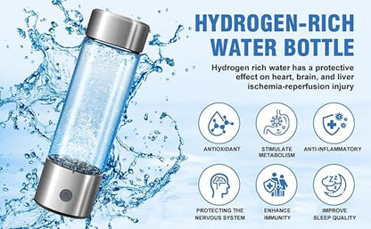 Hydrogen Water Bottle, Portable Rechargeable Hydrogen Water Bottle Generator, 3 Min Quick Electrolysis Hydrogen Rich Water Bottle 460ml for Travel Office Exercise Daily Drinking (Silver)