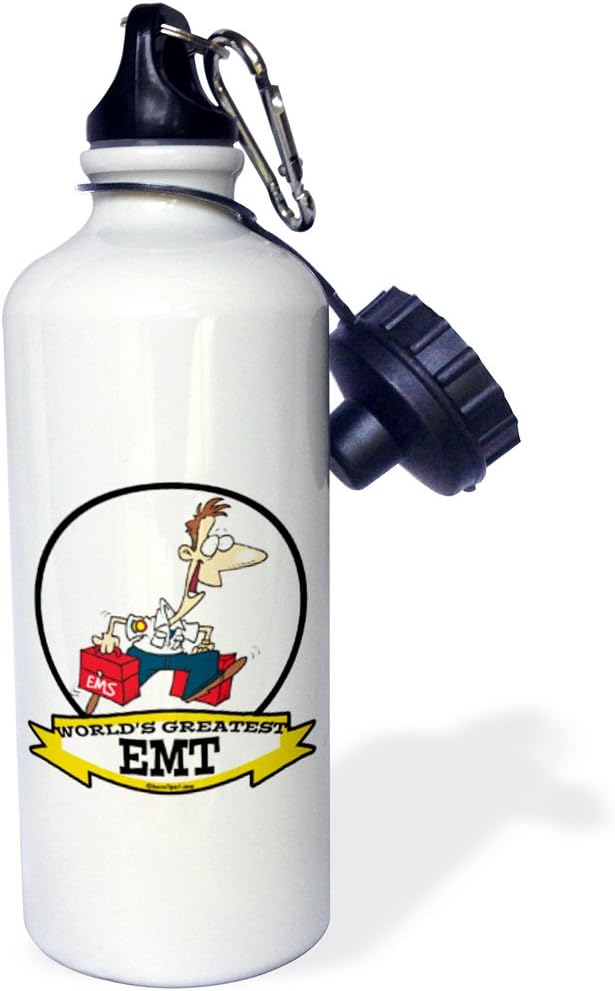 3dRose "Funny Worlds Greatest Emt Cartoon" Sports Water Bottle, 21 oz, White