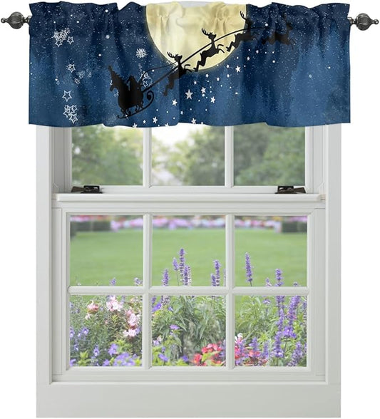 Christmas Kitchen Curtains Valances for Windows Santa Claus Reindeer Rod Pocket Window Treatment for Kitchen/Living Room/Bedroom/Bathroom,42" X 18" -1 Panel, Blue Snowy Night