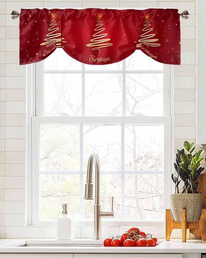 Christmas Tree Blackout Tie Up Valance Curtains for Kitchen Windows Merry Xmas Red Window Toppers Balloon Shades for Living Room/Bathroom/Bedroom,1 Panel,42" X 18" Winter Holiday Decor