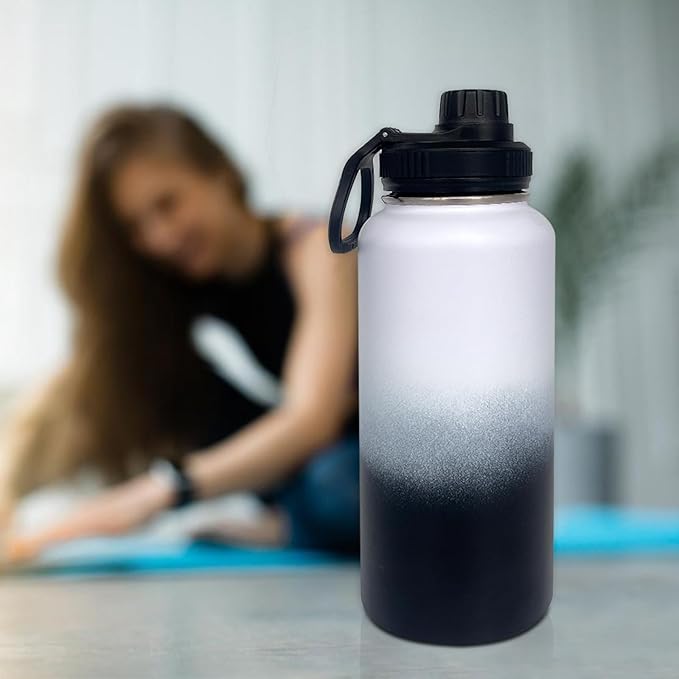 4pack 32 oz Insulated Water Bottle With Straw, Stainless Steel Sports Water Cup Flask with 2 Lids, Wide Mouth Travel Thermal Mug,Black white