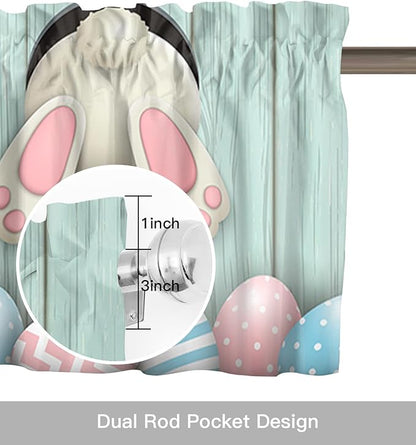 Happy Easter Valances Kitchen Curtains for Windows, Easter Bunny Tails Eggs Rabbit Spring Decor Rod Pocket Valances Blue Farmhouse Wood Short Curtains for Bedroom/Living Room,54" X 18" -1 Panel