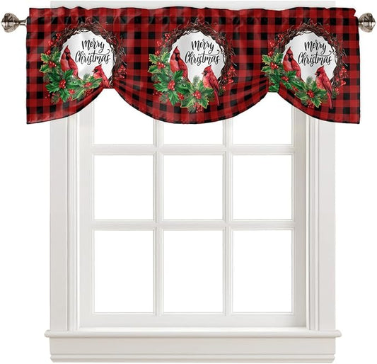 Merry Christmas Blackout Tie Up Valance Curtains for Kitchen Windows Winter Cardinal Holly Berries Window Toppers Balloon Shades for Living Room/Bathroom/Bedroom,1 Panel,42" X 12" Red Black Plaid