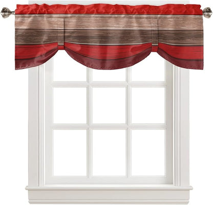 Farmhouse Blackout Tie Up Valance Curtains for Kitchen Windows, Christmas Red Brown Window Toppers Balloon Shades for Living Room/Bathroom/Bedroom,1 Panel,42" X 18" Retro Rustic Barn Wood Texture