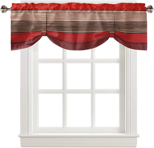 Farmhouse Blackout Tie Up Valance Curtains for Kitchen Windows, Christmas Red Brown Window Toppers Balloon Shades for Living Room/Bathroom/Bedroom,1 Panel,42" X 18" Retro Rustic Barn Wood Texture