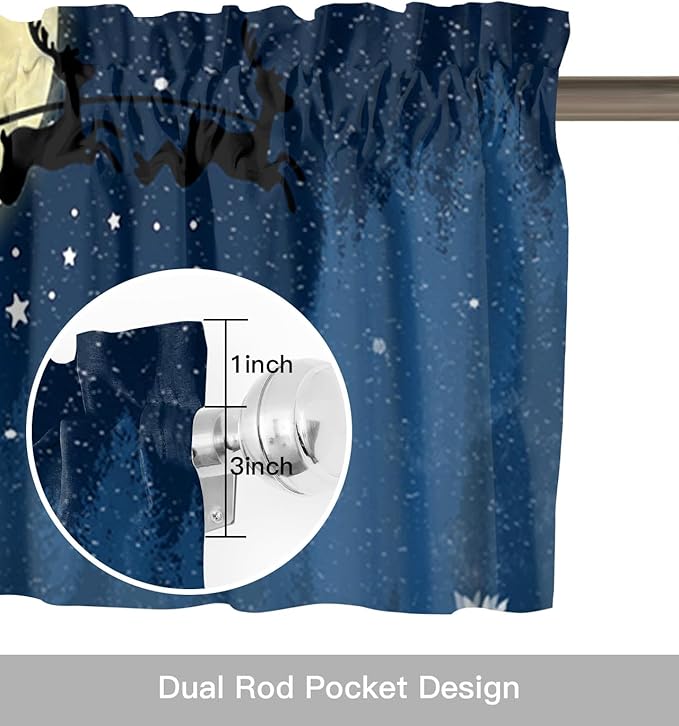Christmas Kitchen Curtains Valances for Windows Santa Claus Reindeer Rod Pocket Window Treatment for Kitchen/Living Room/Bedroom/Bathroom,42" X 12" -1 Panel, Blue Snowy Night