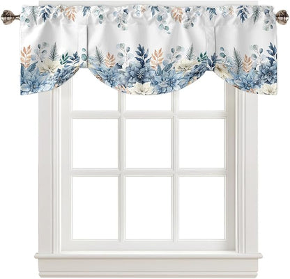 Blue Christmas Poinsettia Blackout Tie Up Valance Curtains for Kitchen Windows Winter Eucalyptus Leaves Window Toppers Balloon Shades for Living Room/Bathroom/Bedroom,1 Panel, 42" X 12",