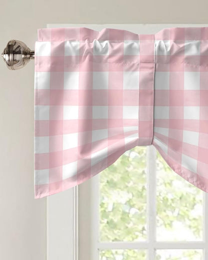 Christmas Blackout Tie Up Valance Curtains for Kitchen Windows Rustic Pink White Buffalo Check Plaid Pattern Window Toppers Balloon Shades for Living Room/Bathroom/Bedroom,1 Panel, 54" X 18",Farmhouse