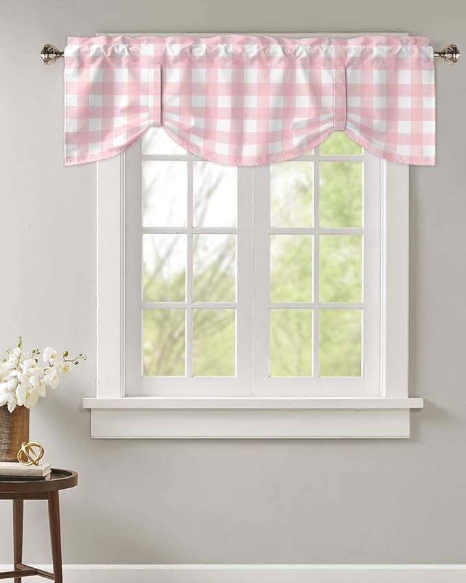 Christmas Blackout Tie Up Valance Curtains for Kitchen Windows Rustic Pink White Buffalo Check Plaid Pattern Window Toppers Balloon Shades for Living Room/Bathroom/Bedroom,1 Panel, 42" X 12",Farmhouse