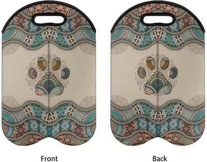 doginthehole 2 Bottle Wine Carrier Travel Bag Boho Dog Paw Print Thick Insulated Neoprene Wine Tote Portable Champagne/Water Bottle/Beer/Drinks Carrying Bag for Travel, Picnic, Party