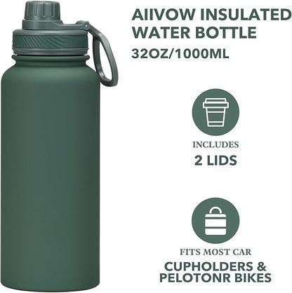 Dark Green 32 OZ Insulated Water Bottle, Forest Green Large Metal Insulated Stainless Steel Water Flask, Big Sports Travel Water Bottle with 2 Lids, Insulated Thermos Thermal Mug Cup