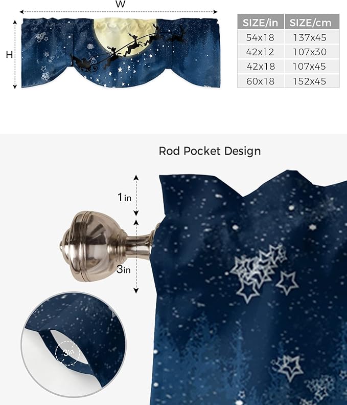Christmas Blackout Tie Up Valance Curtains for Kitchen Windows Santa Claus Reindeer Window Toppers Balloon Shades for Living Room/Bathroom/Bedroom,1 Panel,42" X 18" Blue Snowy Night