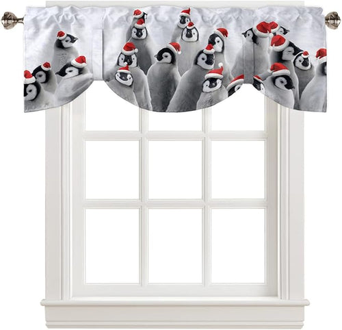 Funny Penguin with Christmas Hat Blackout Tie Up Valance Curtains for Kitchen Windows Winter Holidays Window Toppers Balloon Shades for Living Room/Bathroom/Bedroom,1 Panel,60" X 18"
