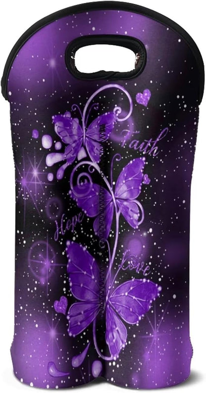 doginthehole Wine Tote Carrier Bag Purple Butterfly Print Neoprene Champagne Bottle Protective Sleeve Reusable Wine Bottle Bag Double Wine Carry Bag for Travel Picnic Dinner