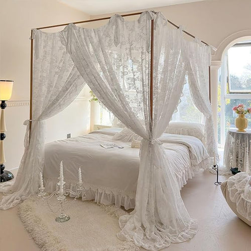 Elegant Lace Princess 4 Corner Post Mosquito Net Romantic for Girls Women Bed Curtain Canopy for Adult Wedding Bedroom Kids Rooms Decoration (Type3-Beige-White, Queen)
