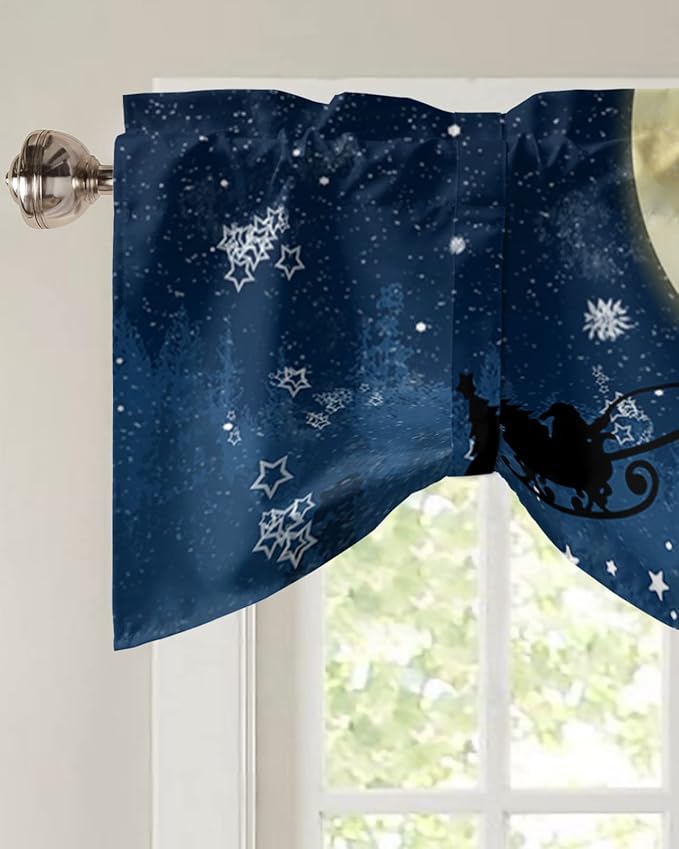 Christmas Blackout Tie Up Valance Curtains for Kitchen Windows Santa Claus Reindeer Window Toppers Balloon Shades for Living Room/Bathroom/Bedroom,1 Panel,42" X 18" Blue Snowy Night