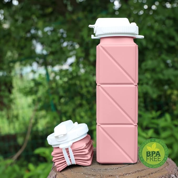 620ml Silicone Foldable Water Bottle with Straw Lid - Lightweight, Reusable, & Leakproof for Travel, Camping, Hiking, & Sports (PINK)