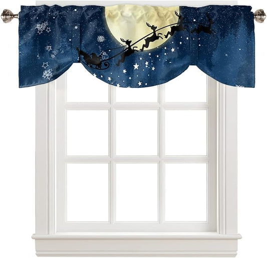 Christmas Blackout Tie Up Valance Curtains for Kitchen Windows Santa Claus Reindeer Window Toppers Balloon Shades for Living Room/Bathroom/Bedroom,1 Panel,42" X 18" Blue Snowy Night
