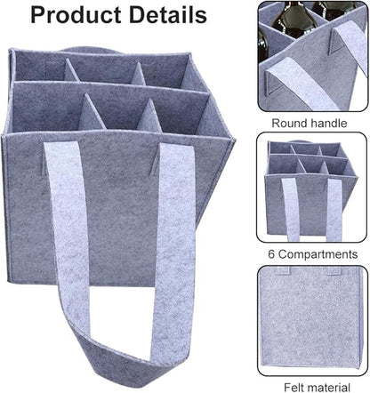 Bottle Bag for Wine, 6 Compartments Felt Wine Bottle Holder, Resuable Wine Tote Bag with Compartments for Transporting Red Wine, Champagne, Beer and Water Bottles(light grey)