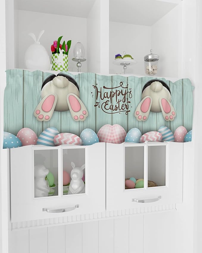 Happy Easter Valances Kitchen Curtains for Windows, Easter Bunny Tails Eggs Rabbit Spring Decor Rod Pocket Valances Blue Farmhouse Wood Short Curtains for Bedroom/Living Room,54" X 18" -1 Panel