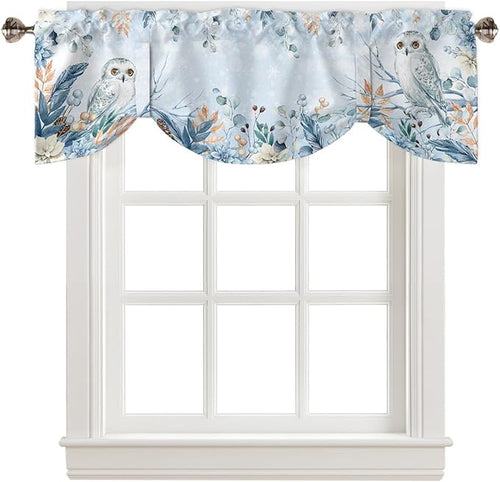 Blue Christmas Blackout Tie Up Valance Curtains for Kitchen Windows Winter Snowy Owl Poinsettia Eucalyptus Leaves Window Toppers Balloon Shades for Living Room/Bathroom/Bedroom,1 Panel, 54" X 18",