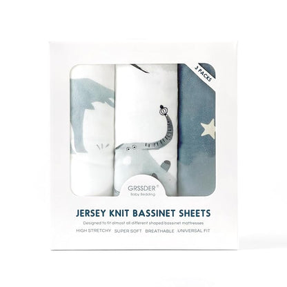 Stretchy Ultra Soft Fitted Bassinet Sheets Set 3 Pack, Universal Fit for Bassinets Baby Cradle Moses Basket Oval Rectangle Mattress Safe and Snug, Stylish Bassinet Sheet of Elephant Print