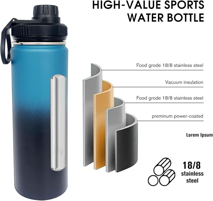 4pack 22 oz Insulated Water Bottle With Straw, Stainless Steel Sports Water Cup Flask with 2 Lids, Wide Mouth Travel Thermal Mug,Navy Black