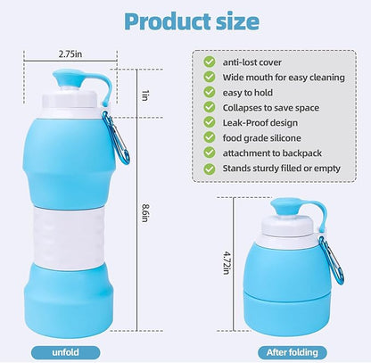 Collapsible Water Bottle, 19.6oz Leakproof Foldable BPA Free Silicone Reusable Sports Bottle, Portable Refillable Bottles with Carabiner, Ideal for Travel Hiking Outdoor Camping Gym (Blue)