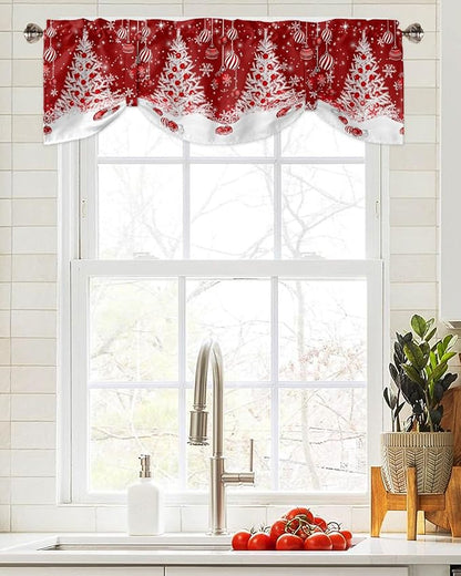 Red Christmas Blackout Tie Up Valance Curtains for Kitchen Windows White Xmas Tree Snowflakes Red Balls Window Toppers Balloon Shades for Living Room/Bathroom/Bedroom,1 Panel, 54" X 18", Winter