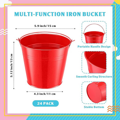 Rtteri 24 Pcs Metal Bucket, Small Metal Bucket, Party Favor Buckets with Handle, 6 x 5 Inch Ice Bucket for Kids, Flower Pot Plant Basket, Mini Toy Containers for Crafts Candy (Red)