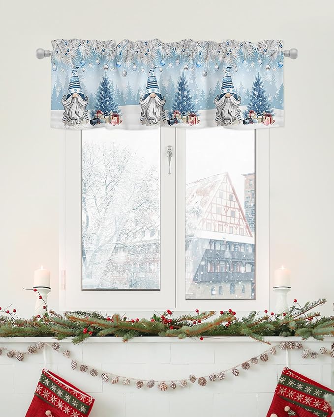 Christmas Gnome Valance Curtains for Kitchen Windows Winter Merry Christmas Tree Balls Rod Pocket Window Treatment Toppers for Kitchen/Living Room/Bedroom/Bathroom, 42" X 18", Blue