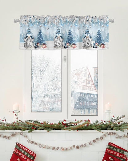 Christmas Gnome Valance Curtains for Kitchen Windows Winter Merry Christmas Tree Balls Rod Pocket Window Treatment Toppers for Kitchen/Living Room/Bedroom/Bathroom, 42" X 18", Blue