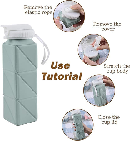 EOBTAIN Green Silicone Collapsible Water Bottle for Travel Leakproof Lightweight Foldable Water Bottles with Straw,20oz BPA Free Water Bottle for Sports Gym Hiking,Flexible and Durable.