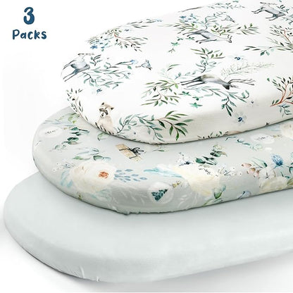 Stretchy Ultra Soft Fitted Bassinet Sheet Set 3 Pack, Universal Fit for Bassinets Baby Cradle Moses Basket Oval Rectangle Mattress Safe and Snug, Stylish Print