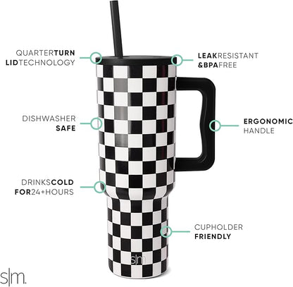 Simple Modern 40 oz Tumbler with Handle and Straw Lid | Insulated Reusable Stainless Steel Water Bottle Travel Mug Cupholder Friendly | Gift for Women Men | Trek Collection | Black and White Checkmate