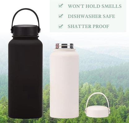 White 32 OZ Insulated Water Bottle, Cream Large Metal Insulated Stainless Steel Water Flask, Big Sports Travel Water Bottle with 2 Lids, Insulated Thermos Thermal Mug Cup