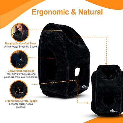 Inflatable Travel Pillow - Airplane Pillow for Neck Support on Long Flights, Buses, Cars, Office & Trains - Comes with Eye Mask, Earplugs & Portable Drawstring Bag - Black