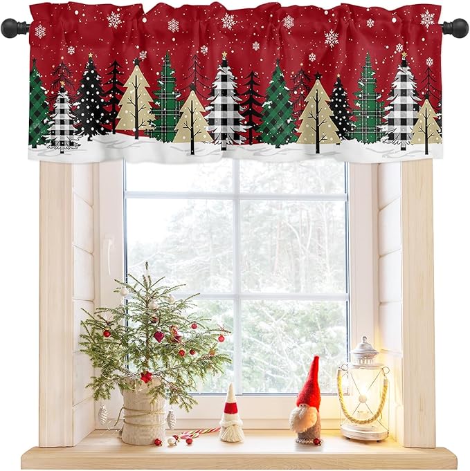 Red Merry Christmas Valance Curtains for Kitchen Windows Green Christmas Tree Rod Pocket Window Treatment Toppers for Kitchen/Living Room/Bedroom/Bathroom, 42" X 12", White Snow Forest Winter