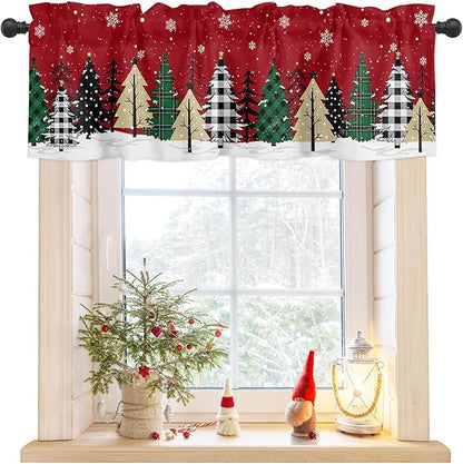 Red Merry Christmas Valance Curtains for Kitchen Windows Green Christmas Tree Rod Pocket Window Treatment Toppers for Kitchen/Living Room/Bedroom/Bathroom, 42" X 12", White Snow Forest Winter