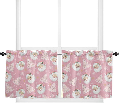 Pink Christmas Kitchen Curtains and Valances Set, Santa Claus Merry Christmas Tree Windows Treatments Tiers Half/Short Curtains for Small Windows Cafe/Living Room/Bedroom 54x36 in Winter Snowflake