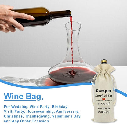 Camper Wine Bag Camping Gift for Camper Funny Camping Wine Bag Gifts Camper Gifts for Men Women Camper Accessories for Travel Trailers Birthday Christmas Graduation Gift Burlap Wine Bottle Cover Bag