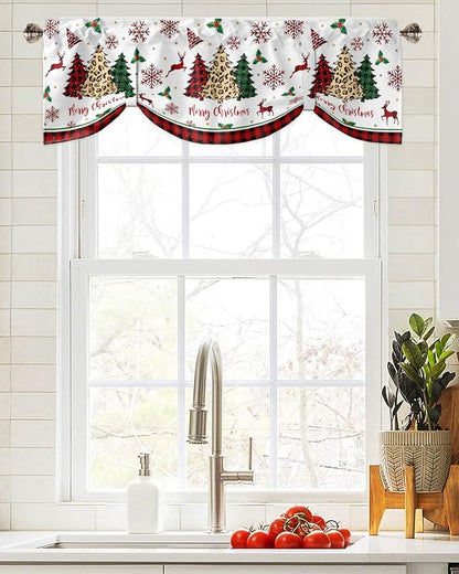 Merry Christmas Blackout Tie Up Valance Curtains for Kitchen Windows Farm Christmas Tree Buffalo Plaid Leopard Window Toppers Balloon Shades for Living Room/Bathroom/Bedroom,42" X 18" Holiday Decor