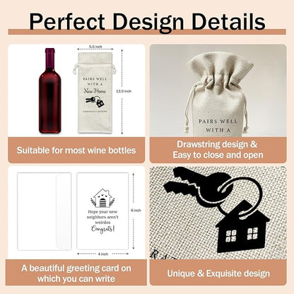Housewarming Wine Gift Bags & Card, First New Home House Gifts for Women Men Wife Husband Friend Home Owner, 1 pcs Reusable Burlap Wine Gift Bags for Wine Bottles, Housewarming Party Decor Favor -33