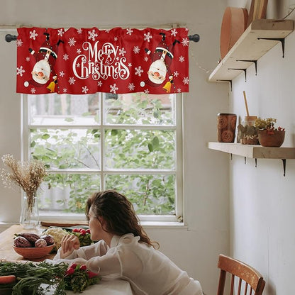 Red Merry Christmas Valance Curtains for Kitchen Windows Funny Hanging Santa Rod Pocket Window Treatment Toppers for Kitchen/Living Room/Bedroom/Bathroom, 54" X 18", Snow Winter Holiday