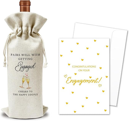 Engagement Wine Gift Bags & Card, Bridal Shower Gift Wedding Gifts for Bride Groom Newlyweds Newly Engaged Couples, 1 pcs Reusable Burlap Wine Gift Bags for Wine Bottles, Wedding Party Favor -06