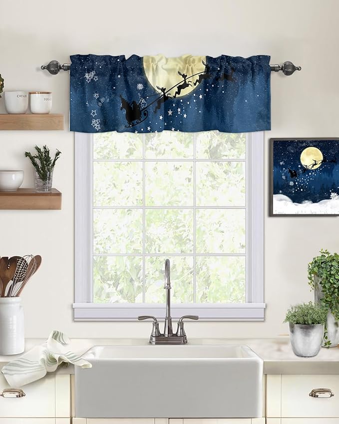 Christmas Kitchen Curtains Valances for Windows Santa Claus Reindeer Rod Pocket Window Treatment for Kitchen/Living Room/Bedroom/Bathroom,42" X 12" -1 Panel, Blue Snowy Night