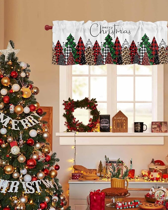 Merry Christmas Valance Curtains for Kitchen Windows Buffalo Plaid Xmas Tree Winter Forest Farmhouse Rod Pocket Window Treatment Toppers for Kitchen/Living Room/Bedroom/Bathroom, 60" X 18",Red Green