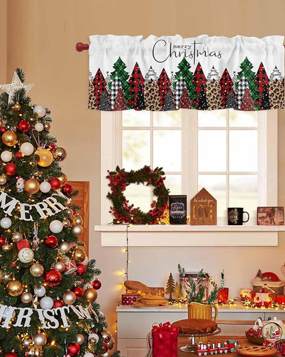 Merry Christmas Valance Curtains for Kitchen Windows Buffalo Plaid Xmas Tree Winter Forest Farmhouse Rod Pocket Window Treatment Toppers for Kitchen/Living Room/Bedroom/Bathroom, 60" X 18",Red Green